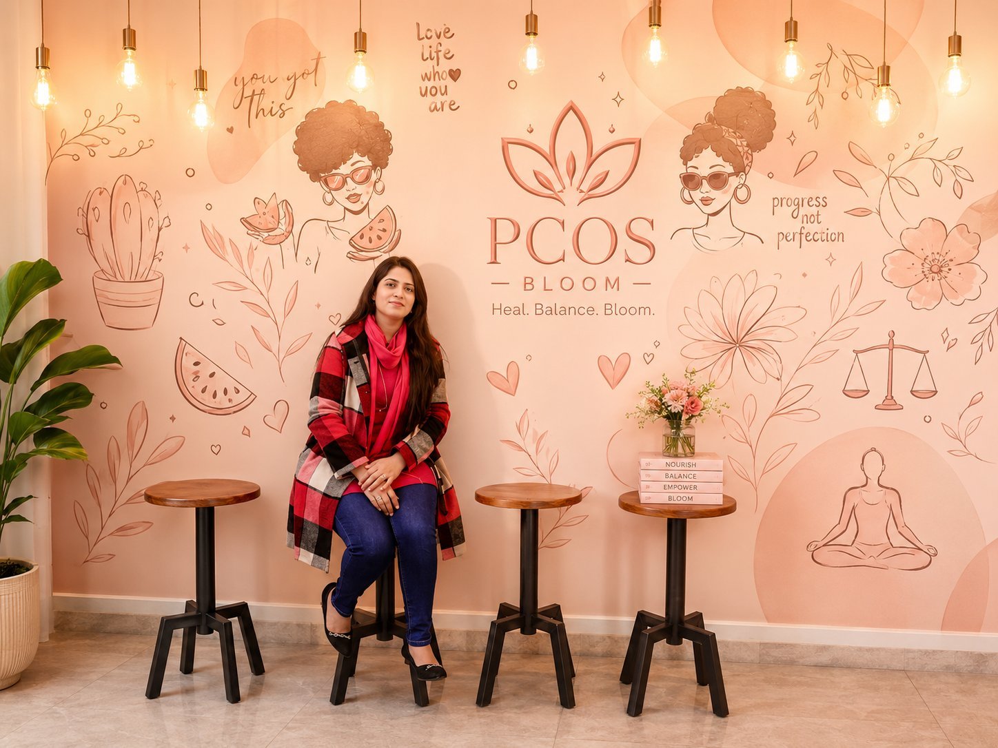 Tayyaba, founder of PCOS Bloom, seated in front of the PCOS Bloom mural — Heal. Balance. Bloom.